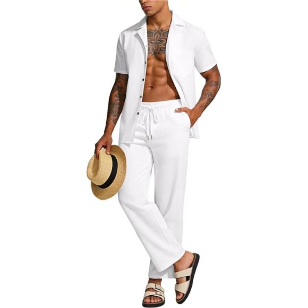 Men's 2 Piece Linen Set Button Down Shirt and Pants Summer Casual Outfit